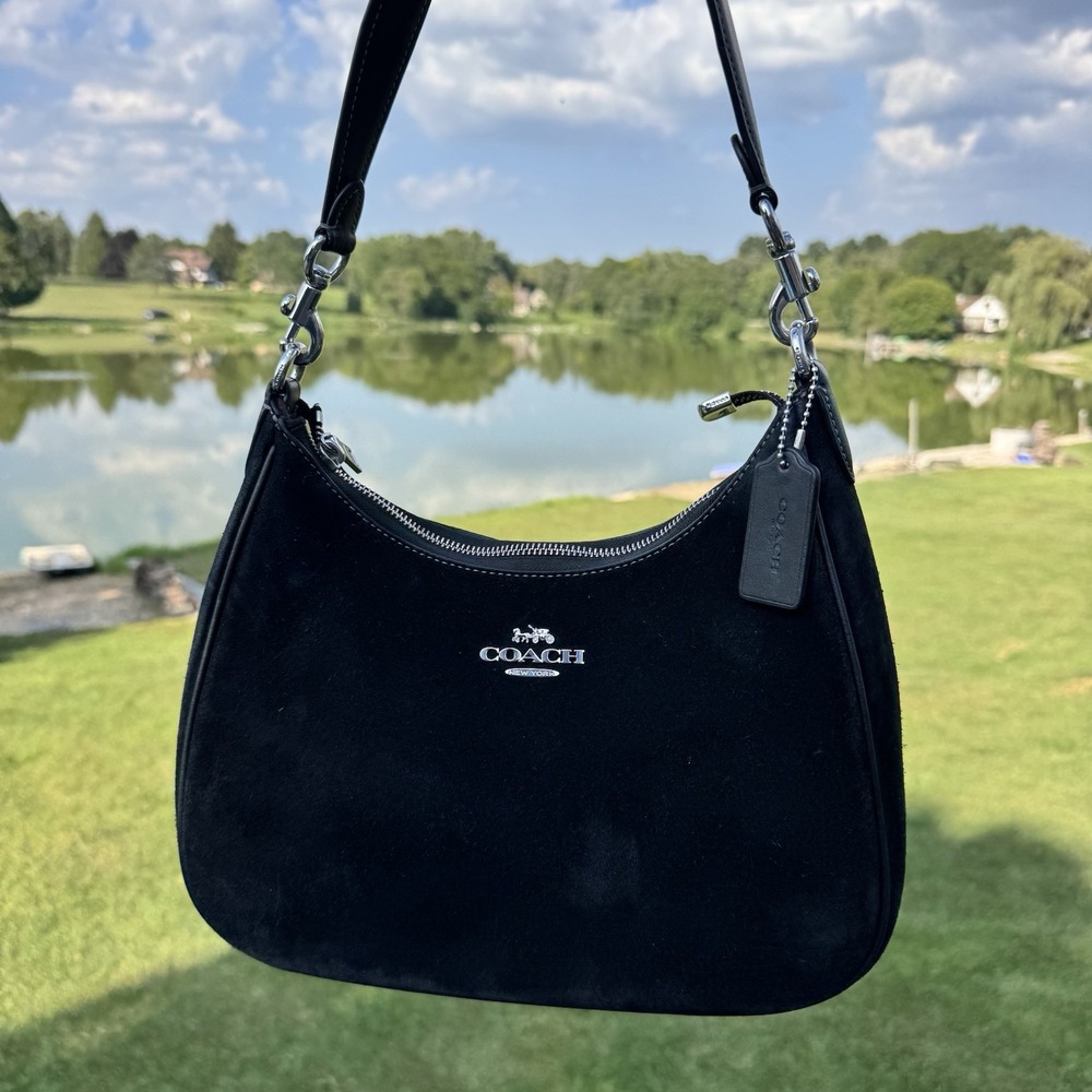 Coach Teri Hobo Bag In Black Suede CCZ88 Silver Hardware Black Hangtag